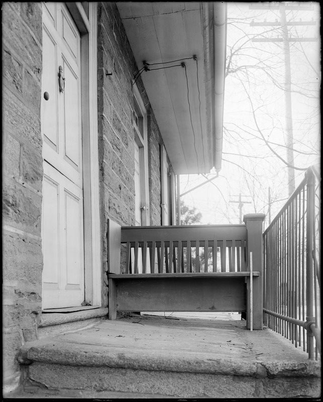 Philadelphia, Pennsylvania, 1727 N.E. Germantown Avenue and Upsal Street, exterior detail, wooden bench, Michael Billmeyer house