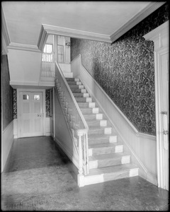 Jamaica Plain, 821 Centre Street, interior detail, stairway and wallpaper, Moses Williams house