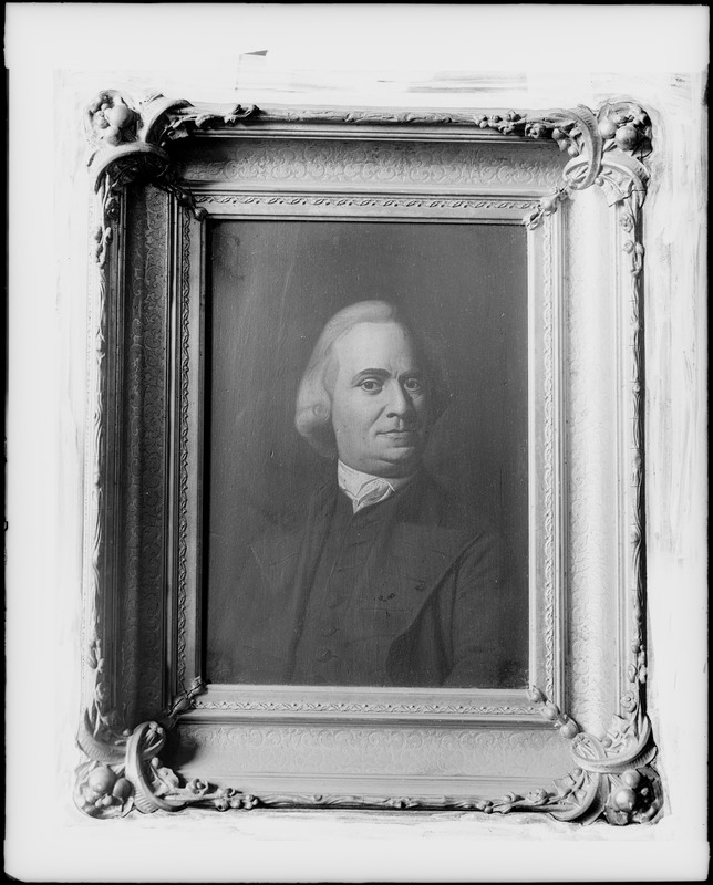 Portrait, Samuel Adams, by Copley, painted on wood, at Harvard