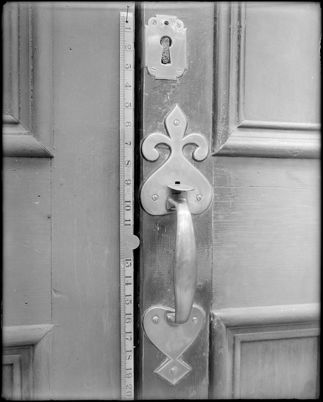 Kingston, Rhode Island, exterior detail, latch, brass, library building door