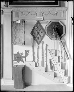 Objects, window cap, stair and rail carvings by McIntire, from Elias Hasket Derby house, Salem