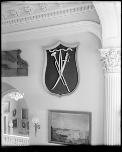 Objects, carving, shield with sword, musical instruments, McIntire, Essex Institute, Salem