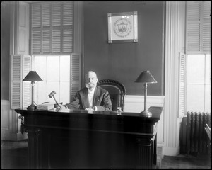 Salem, 93 Washington Street, portrait, photo of Mayor John F. Hurley at mayor's desk, City Hall