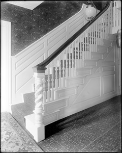 Salem, 93 Federal Street, stairway, newel post and hall, William R. Colby house, built about 1760