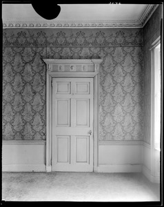 Boston, 2 Lynde Street, interior detail, door and wallpaper, first floor, front room, Harrison Gray Otis house