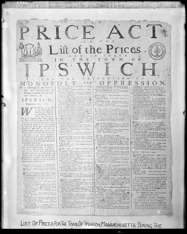 Printed, Price Act or, The List of Prices in force in the Town of Ipswich for the Prevention of Monopoly and Oppression