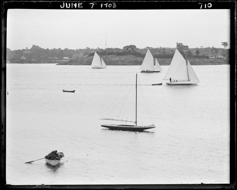 Sailboats with lobster trap and men in rowboat, Marblehead Harbor, photographed from Grey Court landing