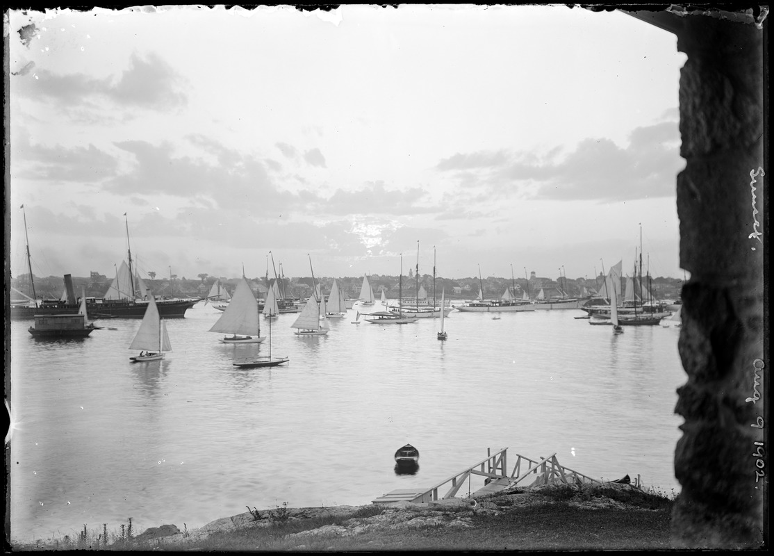 Views across Marblehead Harbor with boats at sunset