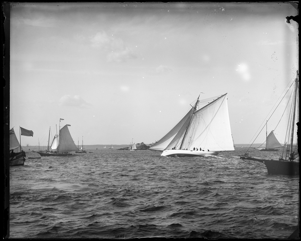 Gaff-rigged yacht with lots of sail, Marblehead, MA - Digital Commonwealth