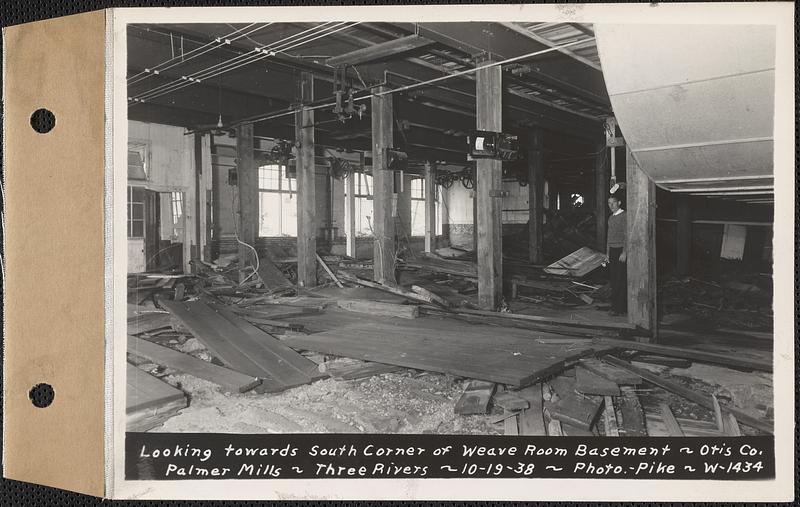 Otis Co., Palmer Mills, looking towards south corner of weave room, basement, Three Rivers, Palmer, Mass., Oct. 19, 1938