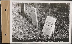 View showing damaged condition of Joel Ballou grave stone, Lincoln Cemetery, Petersham, Mass., Dec. 4, 1947
