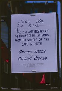 Sign publicizing address by Cardinal Cushing on 191st anniversary of hanging of lanterns at Old North Church