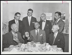 A new series of insecticides was introduced at kick-off luncheon at the Hotel Manger. Real Kill Insecticides were put on the market in this area following the luncheon. Executives of Real Kill and Abbott Hall Co. who attended included (left to right, front) Arthur Hall, Robert Abbott and Frank Abbott. Rear, Richard Gardner, Cook Chemical; Paul Balch and Lester Platz, Cook Chemical.
