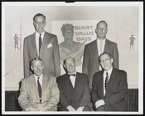 Fall Sales Program of Green Giant Company is discussed by Green Giant and sales representatives Abbott, Hall & Company officials at Hotel Manger. Front, from left: David Pierson, sales director; Henry LaTourelle, district sales manager; M. E. Austin, regional sales manager, all of Green Giant. Rear, Robert Abbott and George Hall of Abbott, Hall Co.