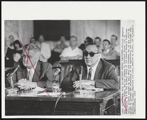 Accardo Before Committee--Chicago gangster Tony Accardo, right, and his lawyer, H. Clifford Allder (cq) of Washington, sit at the witness table of the Senate Rackets Committee today. Accardo refused to tell what his business is. At the start he sought to prevent the televising of his appearance, but Chairman John McClellan (D-Ark) overruled his plea, handled by Allder.