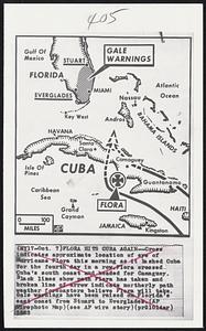 Flora Hits Cuba Again--Cross indicates approximate location of eye of Hurricane Flora this morning as it lashed Cuba for the fourth day in a row. Flora crossed Cuba's south coast and headed for Camaguey. Black lines show path Flora has taken and broken line of arrow indicate northerly path weather forecasters believe Flora will take. Gale warnings have been raised on Florida's east coast from Stuart to Everglade.