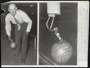 Device Enables Armless Man to Bowl--Harold A. Carlson (left), 45, who lost both arms as a youth in a railroad accident, swings a duck ball down the alley, aided by a rubber suction device (right) attached to his arm hook. All parts for the device were bought at variety and bicycle stores. On his first try with the invention at a local bowling alley, Carlson scored a 96 at duckpins.