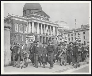 Work was the plea of approximately 200 workers of the John Squire Company of Cambridge, who yesterday marched on the War Manpower Commission and the State House to seek relief from a work week shortened by a dearth of hogs.