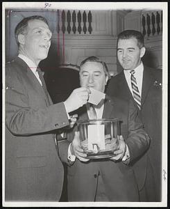 Students Chosen for State Offices - Secretary of State Kevin White, (left) draws the name of John E. Gorman, an Abington High school student, for governor when students take over the state house on Student Government Day' April 15. Holding fish bowl containing names of students from all parts of Massachusetts is Senate President John Powers. Looking on at right is State Treasurer John Driscoll.