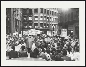 Rev. Vernon Carter (L, center) speaks to large crowd of demonstrators in front of the Boston School Committee bldg., who were protesting Boston Supt. of Schools William H. Ohrenberger report on racial imbalance in the Boston School system (6/14).