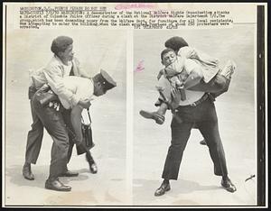 A demonstrator of the National Welfare Rights Organization attacks a District of Columbia Police Officer during a clash at the District Welfare Department 7/2. The group, which has been demanding money from the Welfare Dept. for furniture for all local recipients, was attempting to enter the building when the clash erupted. Fourteen of about 250 protesters were arrested.