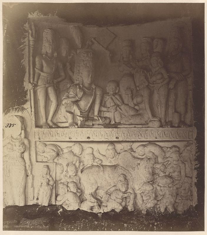 Sculptured panel of Shiva and Parvati playing dice, Rameshwar Cave (Cave 21), Ellora Caves, India