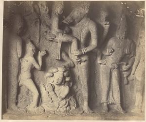 Sculptures in cave temple [i.e. Varaha Cave Temple] at Mahavellipooram