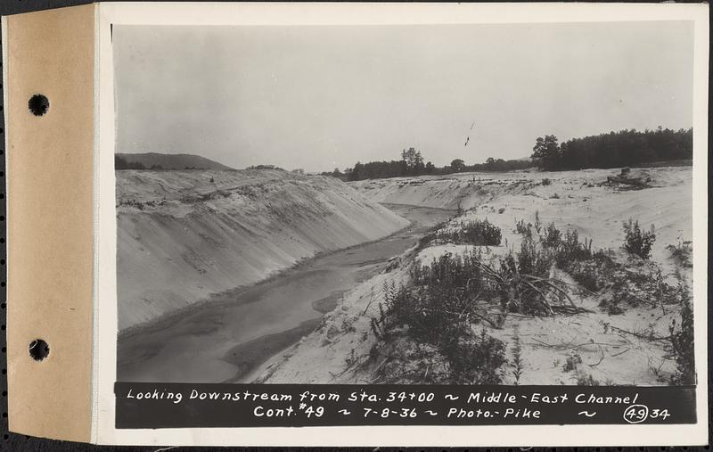 Contract No. 49, Excavating Diversion Channels, Site of Quabbin Reservoir, Dana, Hardwick, Greenwich, looking downstream from Sta. 34+00, middle-east channel, Hardwick, Mass., Jul. 8, 1936