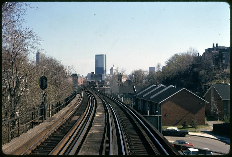 Train tracks heading toward Back Bay, new John Hancock building in background