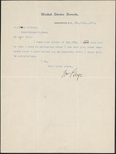 Letter from William P. Frye, Washington, DC, to Darwin C. Pavey, Cambrigdeport, Mass., 1901 February 15