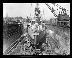 USS Marblehead stern view, in dry dock at Navy Yard