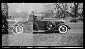 A man in a suit and hat stands in front of a car. Tthe same man sits on the hood