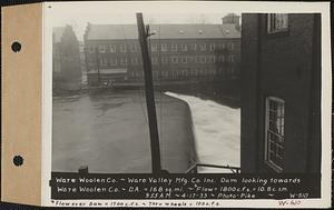 Ware Woolen Co., Ware Valley Manufacturing Co. Inc. dam looking towards Ware Woolen Co., drainage area = 168 square miles, flow = 1700 cubic feet per second over dam, 100 cubic feet per second through wheels, total = 1800 cubic feet per second = 10.8 cubic feet per second per square mile, Ware, Mass., 9:55 AM, Apr. 17, 1933