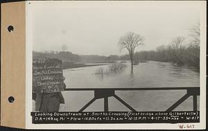 Looking downstream at Smiths Crossing (first bridge above Gilbertville), drainage area = 149 square miles, flow = 1680 cubic feet per second = 11.3 cubic feet per second per square mile, Gilbertville, Hardwick, Mass., 12:15 PM, Apr. 17, 1933