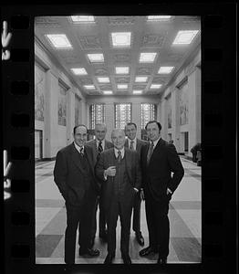 NE Life Insurance Co. executives pose in the building's lobby, Copley Square, Back Bay