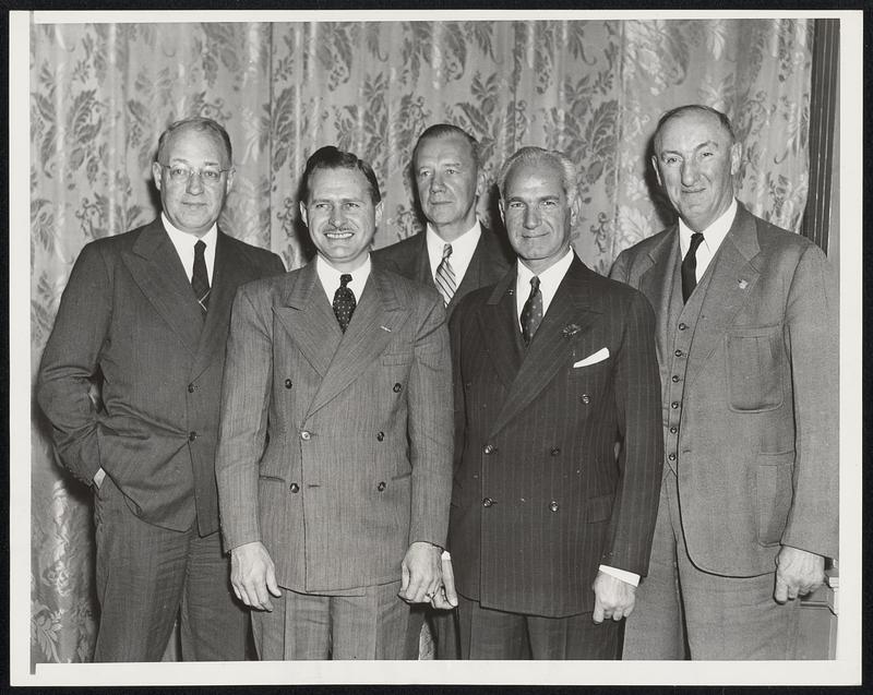 Veteran Auto Racers Attend Luncheon New York City- Some of a group of twenty-old veteran auto racers shown at a luncheon held in their honor at the Hotel Roosevelt today by the Auto Show Committee of the 41st Annual National Automobile Show, now in session at Grand Central Palace. Left to right: George Robertson, winner of the Vanderbilt Cup Race, 1908; Wilbur Shaw, two-times winner of the 500-mile Indianapolis Race; Montague Roberts, driver of the Thomas Flyer which won the "round the world race" in 1908; Ralph De Palma, champion track racer for many years; and Cannon Ball Baker, who has made numerous record breaking trips across the continent.