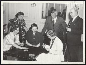 Introducing the game of Jo-Jotte; Mrs. Irene Bayne, Mrs. Ben Levin, Mrs. Fred Soloman, Mr. Saul Butters, Mrs. Robert Kimball, and Mr. Frank Perkins, instructor.