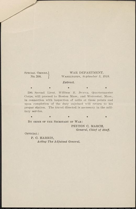 Special orders from War Department for William Richardson Dewey, Jr., 1918-09-07