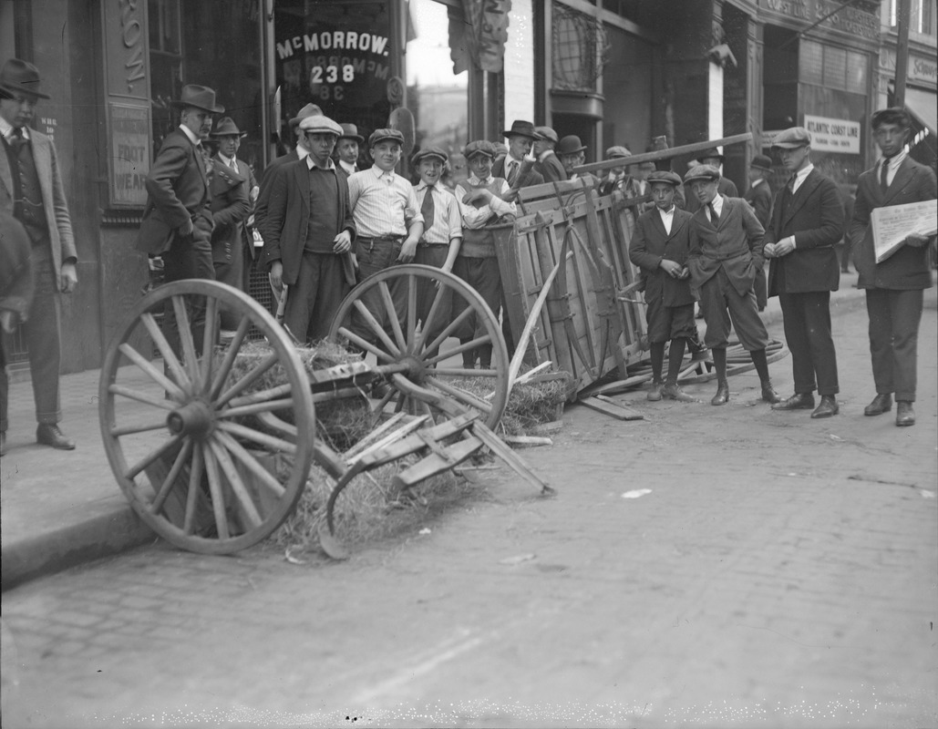 Wagon wrecked by runaway horse on Washington St.