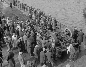 The truck in which two men met their fate when it plunged into the Mystic River at Chelsea Bridge
