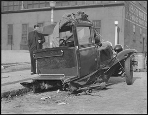 Triple car crash: two autos and street car crash on northern artery at 4th St., East Cambridge. Three injured.