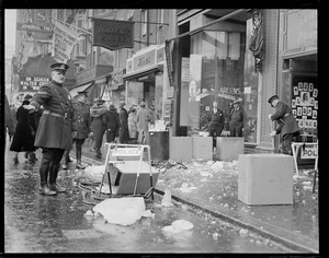 Police rope off debris covered sidewalk, Tremont Street