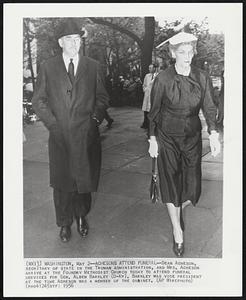 Achesons Attend Funeral-- Dean Acheson, secretary of state in the Truman administration, and Mrs. Acheson arrive at the Foundry Methodist Church today to attend funeral services for Sen. Alben Barkley (D-Ky). Barkley was vice president at the time Acheson was a member of the cabinet.