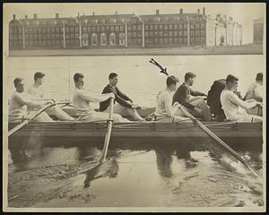 Harvard Freshman. Arrow points to Charles Frances Adams in the crew on the Charles River.