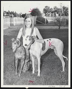 Irish Rovers - Joe Paul (right) and Tim's Shamrock, Irish-bred littermates, pose with Marie Perrons at Taunton where the pair, of the Souza Brothers kennel, are now racing.