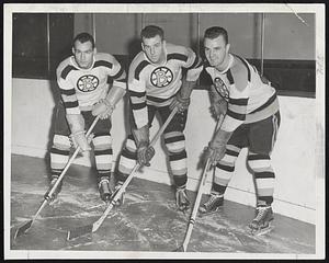 Bruins Leading the Parade in the National Hockey League scoring to date are (left to right) Grant "Nobby" Warwick, Ed Sandford and Pete Babando. Sandford and Warwick are tied for the leadership with 10 points each with Babando next with eight points.