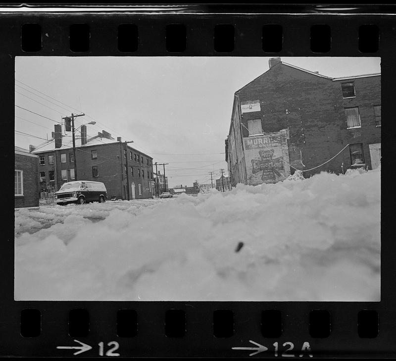 First snow, skiff and clam shack, Liberty Street Bartlett Mall, cleaning windshield