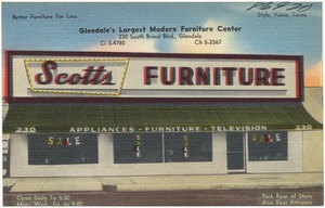 Scotts Furniture, Glendale's largest modern furniture center, 230 South Brand Blvd., Glendale