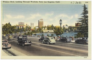 Wilshire Blvd., looking though Westlake Park, Los Angeles, Calif.