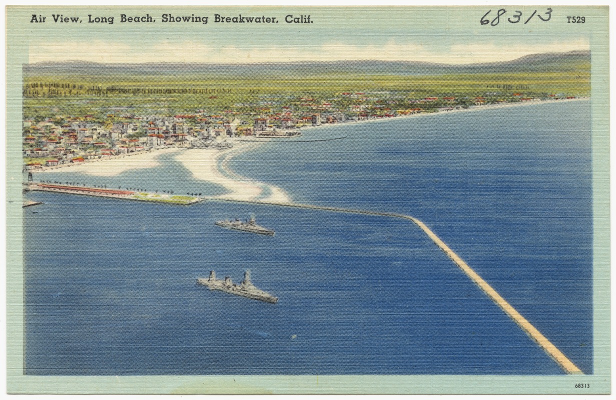 Air view, Long Beach, showing breakwater, Calif.